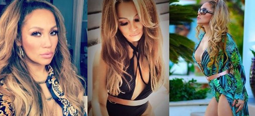 A collage of women with long hair and one woman in a black swimsuit.